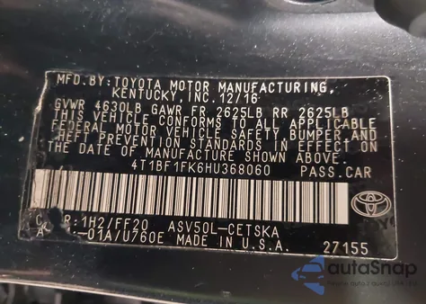 2017 Toyota Camry Se from USA, damaged, VIN 4T1BF1FK6HU368060